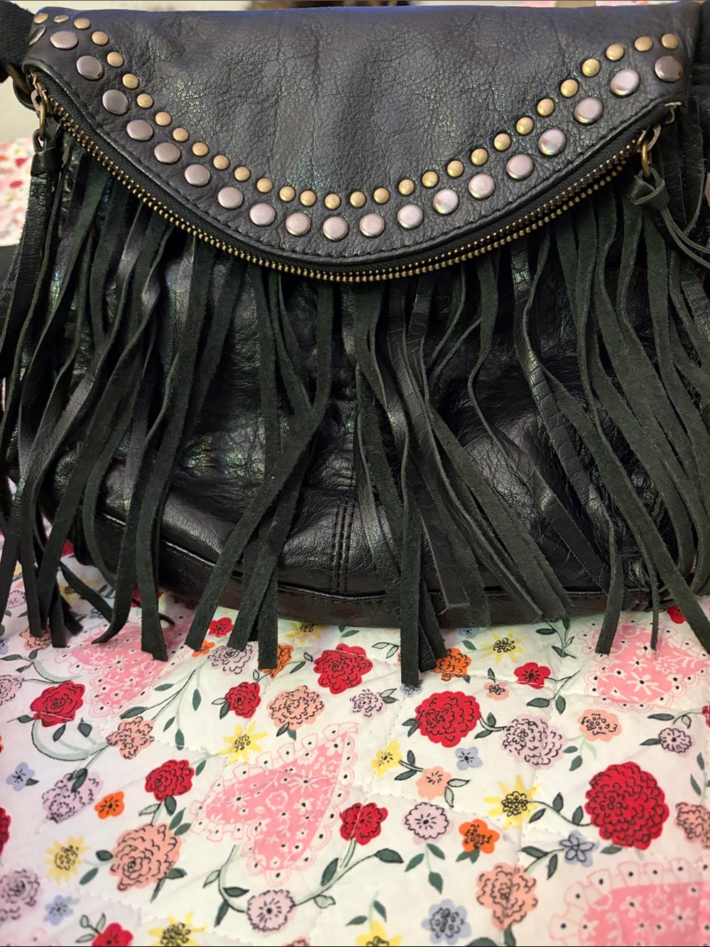 The Sak Black Leather Fringe Crossbody with Stud Accents